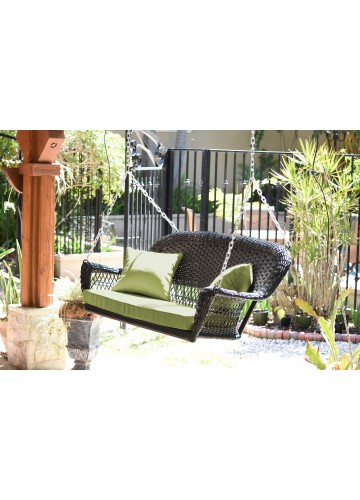 Black Resin Wicker Porch Swing with Sage Green Cushion