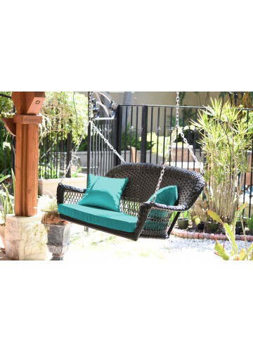 Black Resin Wicker Porch Swing with Turquoise Cushion