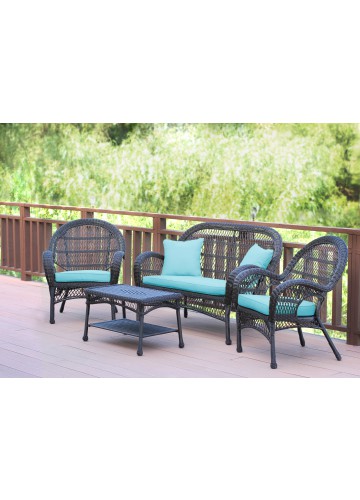 4pc Santa Maria Espresso Wicker Conversation Set - Sky Blue Cushions