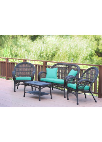 4pc Santa Maria Espresso Wicker Conversation Set - Turquoise Cushions