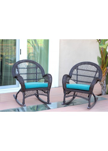 Santa Maria Espresso Wicker Rocker Chair with Sky Blue Cushion - Set of 2