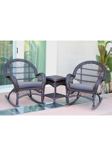 3pc Santa Maria Espresso Rocker Wicker Chair Set - Steel Blue Cushions