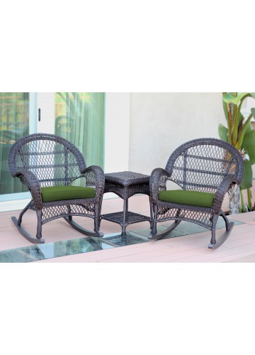 3pc Santa Maria Espresso Rocker Wicker Chair Set - Hunter Green Cushions