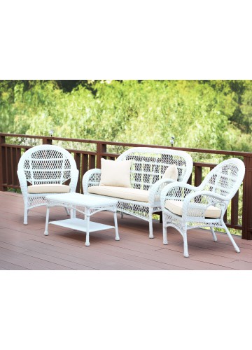 4pc Santa Maria White Wicker Conversation Set - Ivory Cushions