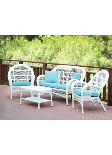 4pc Santa Maria White Wicker Conversation Set - Sky Blue Cushions