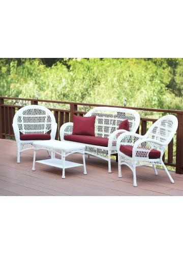 4pc Santa Maria White Wicker Conversation Set - Red Cushions