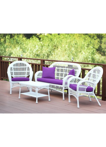 4pc Santa Maria White Wicker Conversation Set - Purple Cushions