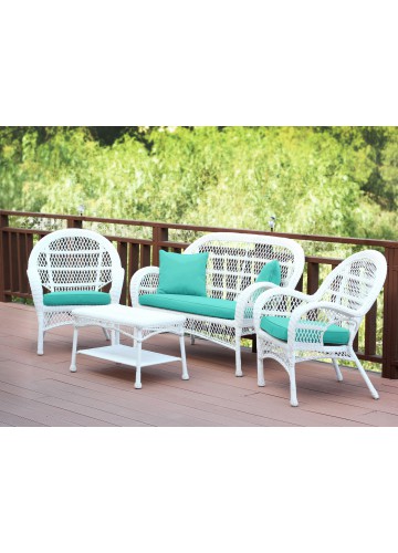 4pc Santa Maria White Wicker Conversation Set - Turquoise Cushions