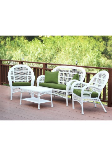 4pc Santa Maria White Wicker Conversation Set - Hunter Green Cushions