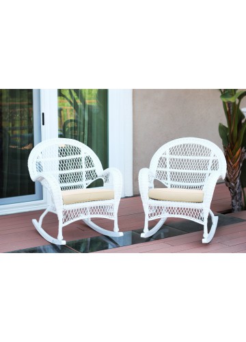 Santa Maria White Wicker Rocker Chair with Ivory Cushion - Set of 2
