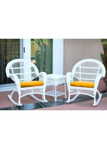 3pc Santa Maria White Rocker Wicker Chair Set - Mustard Cushions