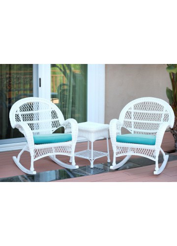 3pc Santa Maria White Rocker Wicker Chair Set - Sky Blue Cushions