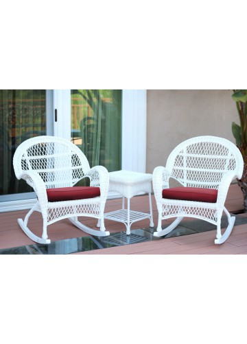 3pc Santa Maria White Rocker Wicker Chair Set - Red Cushions