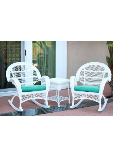 3pc Santa Maria White Rocker Wicker Chair Set - Turquoise Cushions