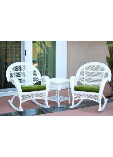 3pc Santa Maria White Rocker Wicker Chair Set - Hunter Green Cushions