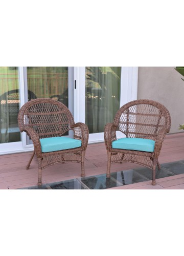 Santa Maria Honey Wicker Chair with Sky Blue Cushion - Set of 2
