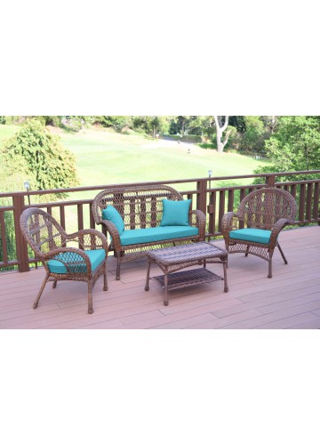 4pc Santa Maria Honey Wicker Conversation Set - Sky Blue Cushions