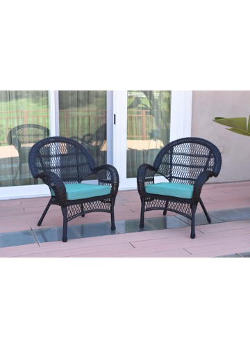 Santa Maria Black Wicker Chair with Sky Blue Cushion - Set of 2