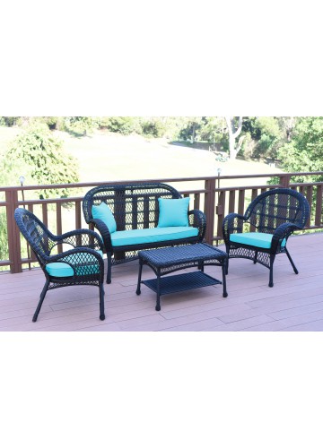 4pc Santa Maria Black Wicker Conversation Set - Sky Blue Cushions