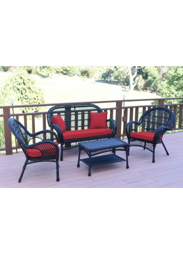 4pc Santa Maria Black Wicker Conversation Set - Red Cushions