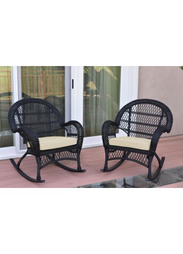 Santa Maria Black Wicker Rocker Chair with Ivory Cushion - Set of 2