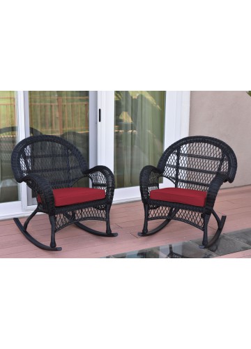 Santa Maria Black Wicker Rocker Chair with Red Cushion - Set of 2