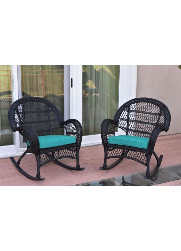 Santa Maria Black Wicker Rocker Chair with Turquoise Cushion - Set of 2