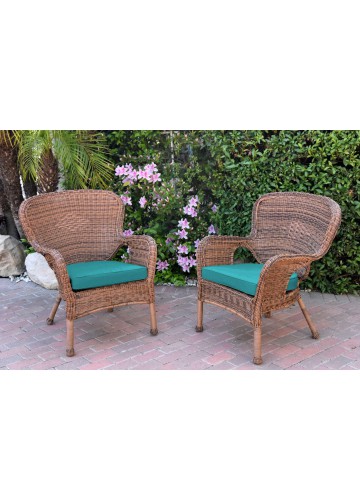 Set of 2 Windsor Honey Resin Wicker Chair with Turquoise Cushion