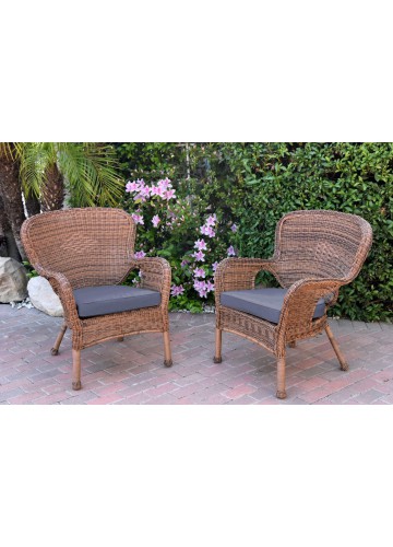 Set of 2 Windsor Honey Resin Wicker Chair with Steel Blue Cushion