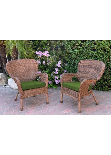 Set of 2 Windsor Honey Resin Wicker Chair with Hunter Green Cushion