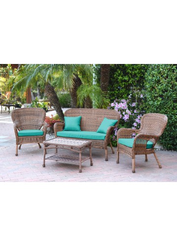 4pc Windsor Honey Wicker Conversation Set - Turquoise Cushions