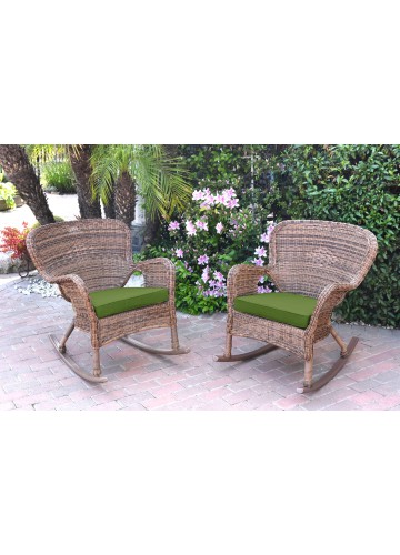 Set of 2 Windsor Honey Resin Wicker Rocker Chair with Hunter Green Cushions