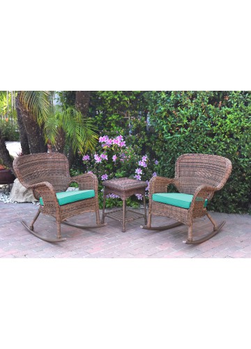 Windsor Honey Wicker Rocker Chair And End Table Set With Turquoise Chair Cushion