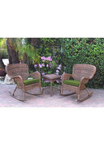 Windsor Honey Wicker Rocker Chair And End Table Set With Hunter Green Chair Cushion