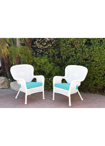 Set of 2 Windsor White Resin Wicker Chair with Sky Blue Cushion