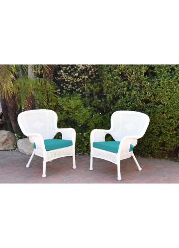 Set of 2 Windsor White Resin Wicker Chair with Turquoise Cushion