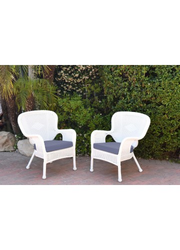 Set of 2 Windsor White Resin Wicker Chair with Steel Blue Cushion