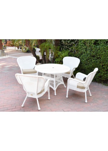 5pc Windsor white wicker dining set with faux wood top and 3 Inch  tan cushion (1 RD dinging table +4 single chairs)