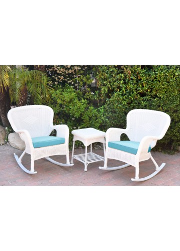 Windsor White Wicker Rocker Chair And End Table Set With Sky Blue Chair Cushion
