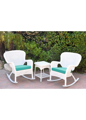 Windsor White Wicker Rocker Chair And End Table Set With Turquoise Chair Cushion