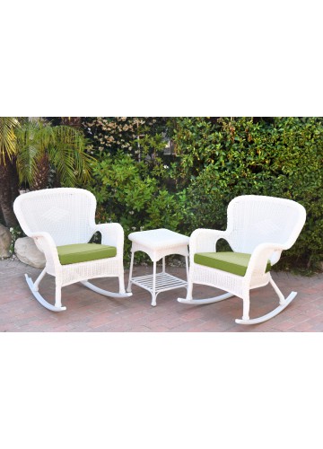 Windsor White Wicker Rocker Chair And End Table Set With Hunter Green Chair Cushion