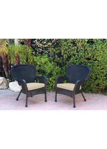 Set of 2 Windsor Black Resin Wicker Chair with Ivory Cushion