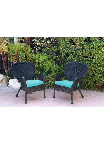 Set of 2 Windsor Black Resin Wicker Chair with Sky Blue Cushion