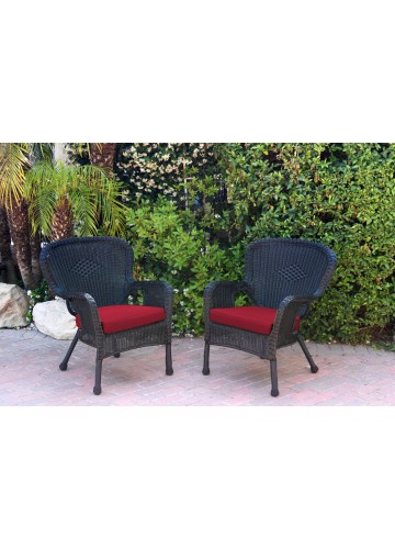 Set of 2 Windsor Black Resin Wicker Chair with Red Cushion