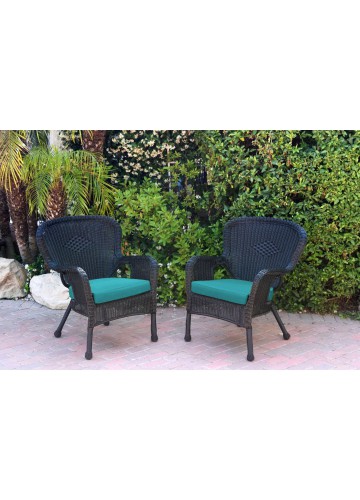 Set of 2 Windsor Black Resin Wicker Chair with Turquoise Cushion
