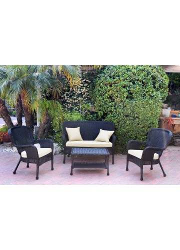 4pc Windsor Black Wicker Conversation Set - Ivory Cushions