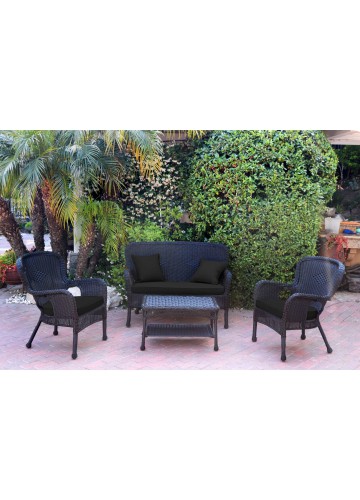 4pc Windsor Black Wicker Conversation Set - Black Cushions