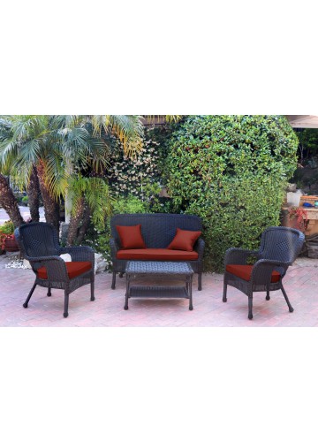 4pc Windsor Black Wicker Conversation Set - Brick Red Cushions