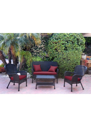 4pc Windsor Black Wicker Conversation Set - Red Cushions