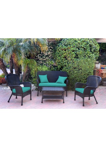 4pc Windsor Black Wicker Conversation Set - Turquoise Cushions